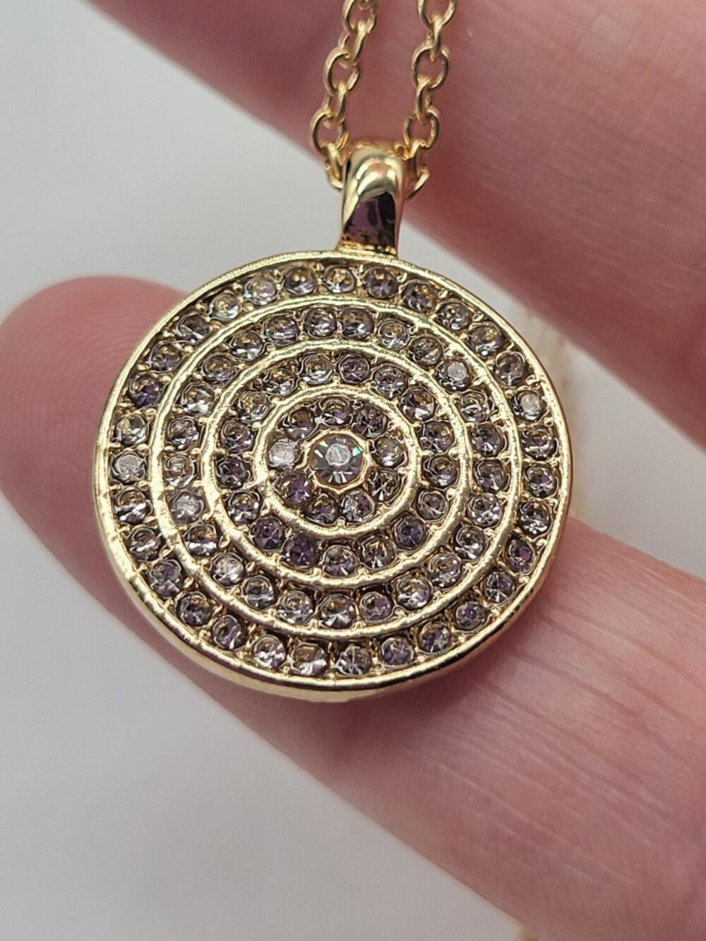 Gold Tone Medallion Pendant Necklace Spiral Circle with Rhinestones Minimalist C - Picture 10 of 10